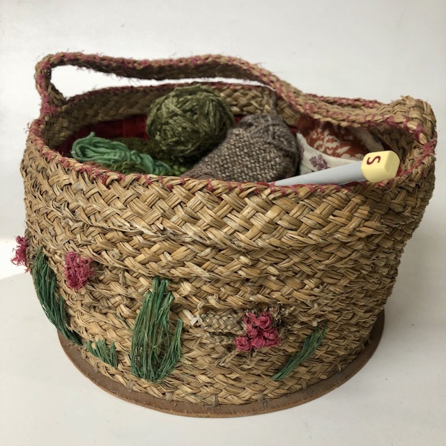 KNITTING BASKET, Woven Basket Pink Green Flowers w Knitting Props